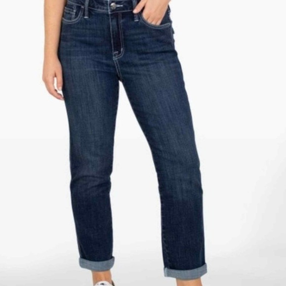 Seven7 Weekend Boyfriend high rise dark‎ wash stretch rolled hem jeans size 14